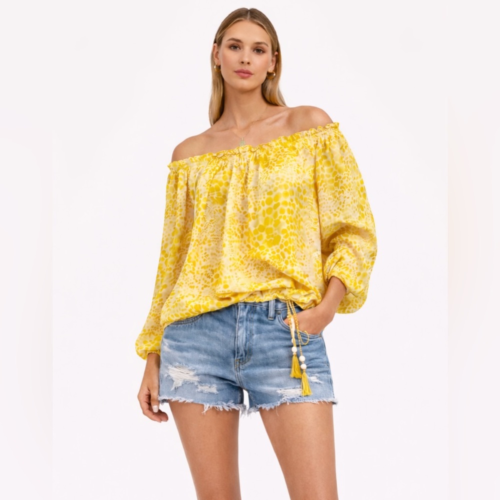 ♨️Ramy Brook Camellia Yellow Printed Silk Off Shoulder Blouse Size S🧡